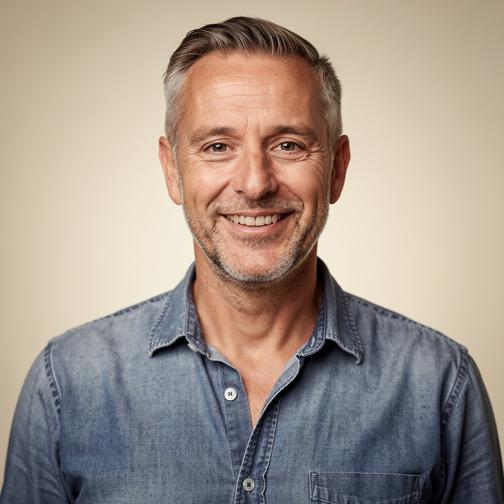 Portrait of a Belgian freelance broadcast journalist smiling