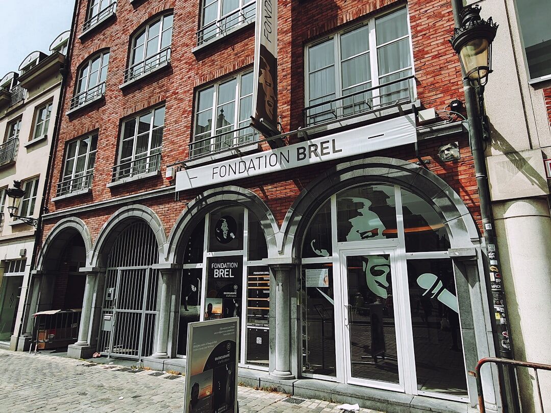 Modern media office building entrance in a Belgian city