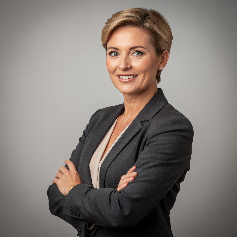 Studio portrait of a Belgian television presenter with short blonde hair